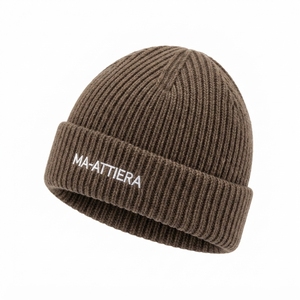 Bonnet en tricot côtelé marron personnalisé avec revers, chaud pour l'hiver, avec logo brodé - Product Image 2