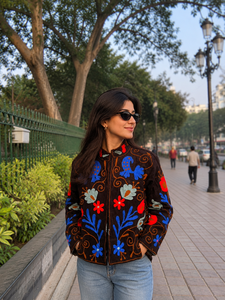Artisan Brown <b>Velvet</b> <b>Jacket</b> Women Hand Embroidery Bomber Long Sleeve Stand Collar Cotton Lining Winter Coat Boutique Gift - Product Image 5