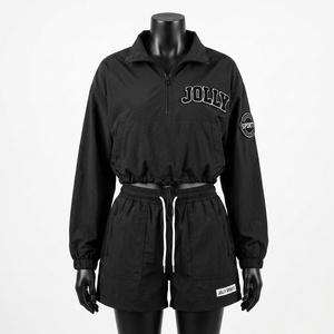 Conjunto Corto de Chaqueta Cortavientos de Nylon Taslon Premium de 130 GSM para Mujer, Color Negro Sólido, con Logotipo Bordado y Apliques Personalizados - Product Image 1