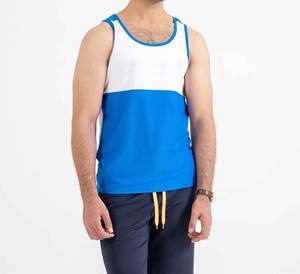 เสื้อกล้ามถักสีตัดต่อสำหรับผู้ชาย สีขาว-น้ำเงิน คอกลม ระบายอากาศได้ดี เหมาะสำหรับออกกำลังกายแบบสบายๆ - Product Image 3
