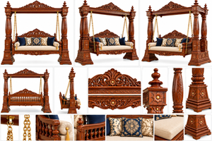 Columpio de madera maciza tallada estilo Maharaja para el hogar, columpio de cuatro postes, estilo europeo antiguo, color marrón, columpio de porche para exteriores, banco de porche, EE. UU. - Product Image 3