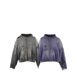 Oversized <b>Crop</b> <b>Zip</b>-<b>Up</b> <b>Hoodie</b> Men's Solid Color French Terry Sweatshirt With Spray Printing And Washed Effect OEM ODM - Product Image 5