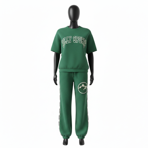 Conjunto de Pantalón y Camiseta de Felpa de Algodón y Poliéster de Primera Calidad, 220 GSM, para Mujer, Estampado de Grafiti Verde, Logotipo Personalizado - Product Image 5