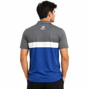 Polo Homme RONAL SPORTS à Blocs de Couleurs, Manches Courtes, Séchage Rapide, en Polyester Tricoté, Design Sportif, Logo Avant, Bleu Gris Blanc - Product Image 4