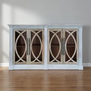 Armoire en bois indienne vintage faite à la main avec quatre portes, finition blanche vieillie, design de cadre décoratif, meuble de rangement rustique - Product Image 4