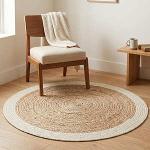 Navy Blue <b>Round</b> Braided Jute Rug, Handwoven Circular Floor Rug for Coastal Living Rooms - Product Image 3