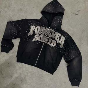 Sudadera con capucha personalizada con apliques bordados, efecto desgastado, con cremallera y pedrería, lavado ácido, estilo vintage, para hombre, streetwear - Product Image 1