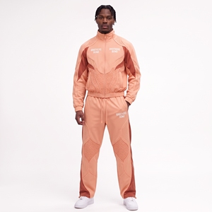 Conjunto deportivo de dos piezas para hombre, color verde bosque, marrón claro, chaqueta cortavientos con paneles curvos y pantalones deportivos a juego, estilo streetwear. - Product Image 4