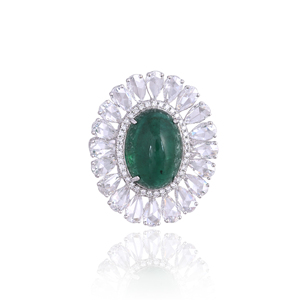 Bague Cocktail Élégante et Tendance en Argent Sterling 925 avec Cabochon Émeraude Pierre de Naissance de Mai et Halo de Zirconium Cubique en Forme de Goutte - Product Image 3