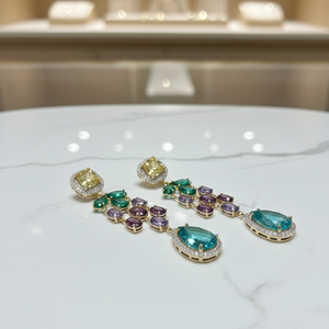 Boucles d'oreilles pendantes multicolores en pierres, 15 g, argent 925 plaqué or 18 carats, bijoux de mariage, boucles d'oreilles longues, cadeau pour elle - Product Image 1