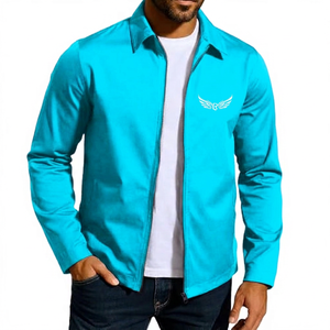 Veste zippée bleu marine pour homme avec broderie d'ailes, coupe-vent décontractée, col rabattable, manches longues, couleur unie - Product Image 2