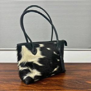 Cowhide Tote <b>Bag</b> Women's Fashion Handbag Black <b>White</b> Pattern Genuine Leather <b>Shoulder</b> Purse Daily Use All Seasons - Product Image 2