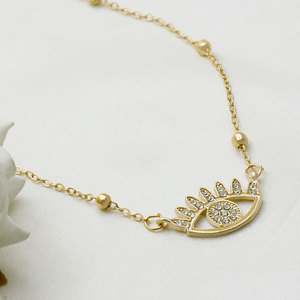 Collar de Plata de Ley 925 Bañado en Oro con Ojo Turco y Dije de Pestaña con Circonita Transparente, Cadena de Cuentas Satélite, Joyería al por Mayor - Product Image 2