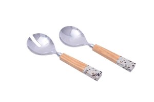 Ensemble d'ustensiles de cuisine en acier inoxydable avec manches en bois et marbre, idéal pour servir les salades – Vente chaude - Product Image 4
