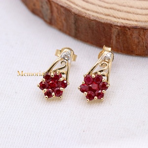 Wholesale 14k Yellow Gold Natural Ruby Floral <b>Cluster</b> Diamond Accent Drop Earrings Memoria Jewels - Product Image 5