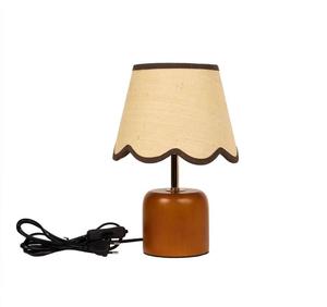 Midcentury Wood <b>Table</b> Lamp With Beige Fabric Bell Shade LED Warm Light Switch Control Bedroom Decorative <b>Small</b> Size - Product Image 2