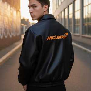แจ็คเก็ตบอมเบอร์หนังแกะสีดำ McLaren รุ่น Turn-Down Collar ปิดซิป กันลม สไตล์มอเตอร์ไซค์ สำหรับทุกเพศ ใส่ได้ในฤดูใบไม้ร่วง - Product Image 2