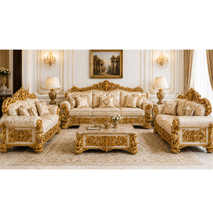 Bespoke French-Style Handcrafted Square Teak Wood <b>Sofa</b> Set with Hand Carved Design Gold Finish for Living Area - Product Image 1