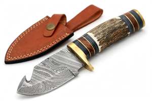 Outil de terrain artisanal en acier Damas avec manche en bois de cerf massif, lame fixe - Product Image 6