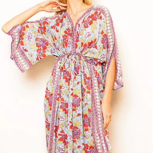 Vestido Kaftan de Algodón con Estampado a Mano, Talla Única, Estilo Boho Chic, Ropa de Resort India - Product Image 1