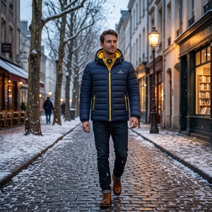 Men's Navy Blue With <b>Yellow</b> Zipper Hooded <b>Puffer</b> <b>Jacket</b> Warm Quilted Winter Outdoor Coat Lightweight Waterproof <b>Jacket</b> One Apex - Product Image 5