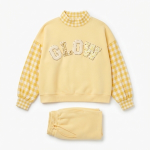 Yellow Plaid Mockneck Sleeve Sweatshirt Set <b>Women's</b> Loose Fit Fleece Polyester/Cotton Casual Two Piece Shorts Outfit <b>Glitter</b> - Product Image 1
