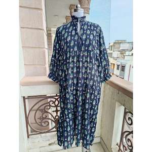 Robe maxi d'été pour femme, en coton, imprimé bloc, ample, à volants, style bohème, col haut, décontractée - Product Image 3