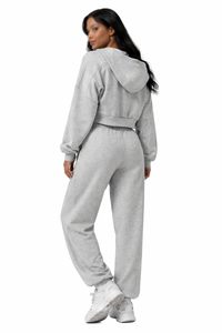 Conjunto de Sudadera con Capucha Corta para Mujer, Color Gris Sólido, Manga Larga, Cierre Frontal con Cremallera, Logotipo, Ropa Casual de Otoño, Sudaderas de Felpa - Product Image 2