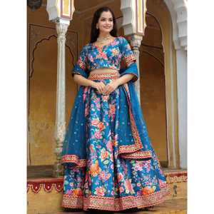 Excepcional azul floral impreso arte seda boda Lehenga Choli - Product Image 6