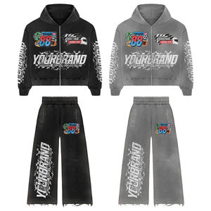 Ensemble de survêtement unisexe en tissu épais délavé à l'acide, avec sweat à capuche zippé et pantalon large, style streetwear - Product Image 1