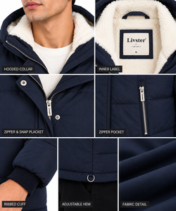 Premium <b>Men's</b> Casual Solid <b>Navy</b> Blue Hooded Puffer <b>Jacket</b> Zipper Sherpa Lined Full Sleeve <b>Quilted</b> Winter Heavyweight Insulated - Product Image 4