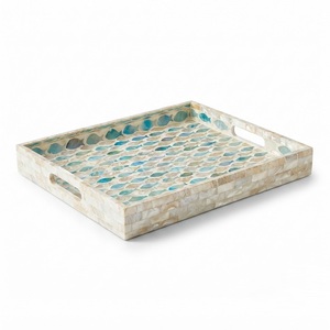 Plateau décoratif rond fait main en nacre et os, incrusté de motifs floraux noirs et blancs, pour table basse et maison - Product Image 2