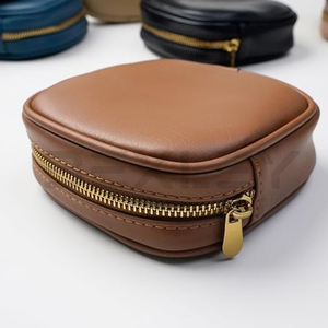 Tan Rounded Square Cosmetic Leather Bag Compact Zipper <b>Makeup</b> <b>Case</b> Custom Logo Private Label OEM ODM Wholesale Supplier - Product Image 6