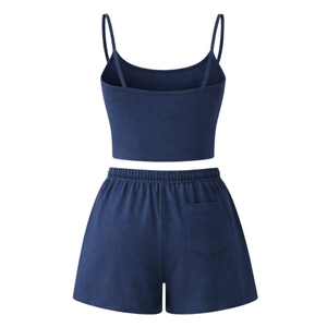 Women's Navy Blue 2-Piece <b>Set</b> Sleeveless Crop Top Drawstring Shorts Solid Knitted Breathable Mesh Lace High Support Casual - Product Image 2