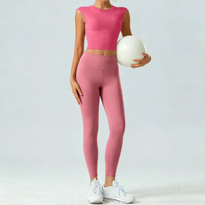 <b>Women</b> 2 Piece Yoga Set High Waist Leggings Crop <b>Top</b> Crisscross Back Sleeveless Solid Mint Green Breathable Seamless Sport Outfit - Product Image 3