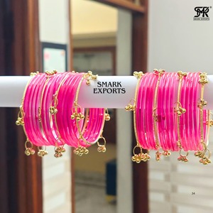Rani Pink Gold Plated 32-Piece Kashmiri Jelly Bangles Set Ghungru for Both Hands Traditional Indian Women's Fashion Bridal - Product Image 1