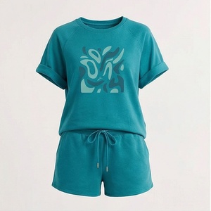 Women's 2 Piece <b>Knitted</b> <b>Set</b> Short Sleeve T Shirt and Above Knee Shorts Casual Loose Fit Geometric Print Breathable Cotton Outfit - Product Image 1