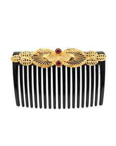 Peineta Vintage Chapada en Oro con Piedras Rojas y Acetato Negro de 13 cm, Accesorio de Moda de Alta Calidad - Product Image 2