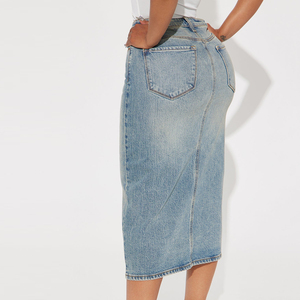Jupe midi taille haute pour femme en denim respirant, avec fermeture boutonnée et zippée, style décontracté, fendue, coupe naturelle, prix usine - Product Image 2