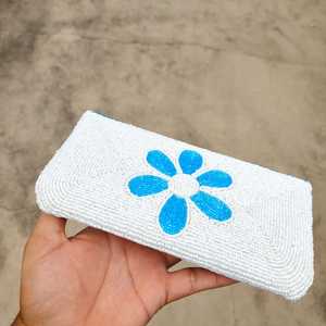 Bolso de Mano Rectangular de Algodón Hecho a Mano, con Bordado Floral Azul y Cuentas, Bolso Tipo Clutch de Textil Blanco con Cierre de Cremallera para Fiestas - Product Image 2