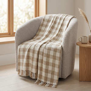 Manta Clásica a Cuadros Tejida para Cama 125x150 cm, Manta Decorativa Rústica de Algodón en Tonos Neutros para Salón, Exportación - Product Image 1