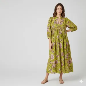 Women Yellow Floral Print Cotton Midi <b>Dress</b> With Puff Sleeve <b>Loose</b> Fit Collared Neck Casual Spring <b>Dress</b> With Pockets - Product Image 2