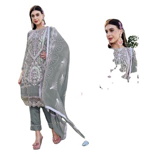 Dhwaja Export Lourd Georgette Multi Fil Séquence Broderie Point Travail Semi-Cousu Costume Pakistanais pour Femmes en Vente en Ligne - Product Image 2