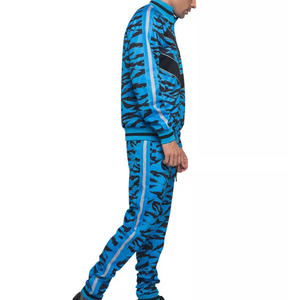 Ensemble de survêtement pour homme à imprimé tigre bleu, fermeture éclair intégrale, manches longues, col montant, design sportif respirant, coupe régulière avec poches latérales - Product Image 3