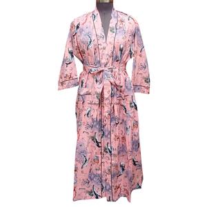 Bata Kimono Larga de Algodón 100% con Estampado Floral Ecológico para Mujer, Suave y Transpirable, con Cinturón - Product Image 1