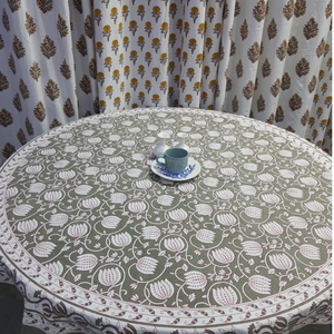 Indian Artisan Hand Block Floral Print Cotton 4 Seater Round <b>Dining</b> <b>Table</b> <b>Cover</b> Durable Washable Sustainable Floral Design - Product Image 1