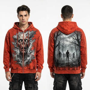 Sudadera con Capucha para Hombre, Color Borgoña, con Estampado de Esqueleto de Matador Flamenco, Lavado Ácido Rojo, Gráfico Personalizado, Estilo Tie-Dye, de Gran Gramaje - Product Image 2