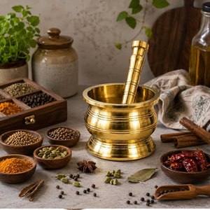 Heavy duty brass <b>mortar</b> <b>pestle</b> set with wide rim and rounded body for easy crushing, available at wholesale prices. - Product Image 1