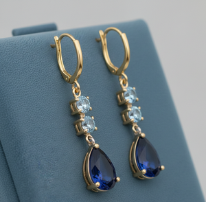 <b>Blue</b> Hydro <b>Topaz</b> 5MM Round <b>Blue</b> <b>Topaz</b> Drop <b>Earrings</b> 925 Sterling Silver 18K Gold Plated Dangle <b>Earrings</b> Wedding Jewelry - Product Image 3