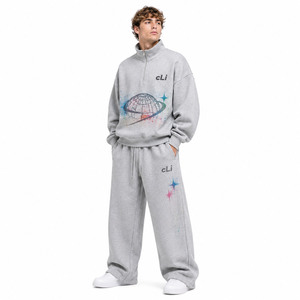 Luxury <b>Grey</b> Oversized Hoodies Custom Graphic Print Quarter Zip Mock Neck <b>Sweatshirt</b> Wide Leg Joggers Heavy French Terry Cotton - Product Image 1